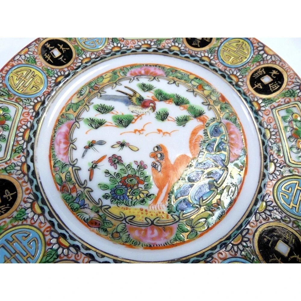 Pair of Antique Canton Famille Rose Porcelain Plates Hand‑Painted Excellent